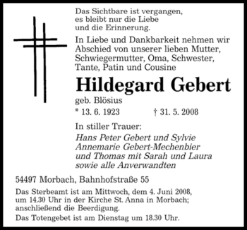 Todesanzeige von Hildegard Gebert von SAARBRÜCKER ZEITUNG
