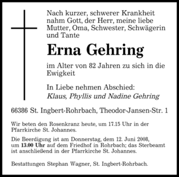 Todesanzeige von Erna Gehring von SAARBRÜCKER ZEITUNG
