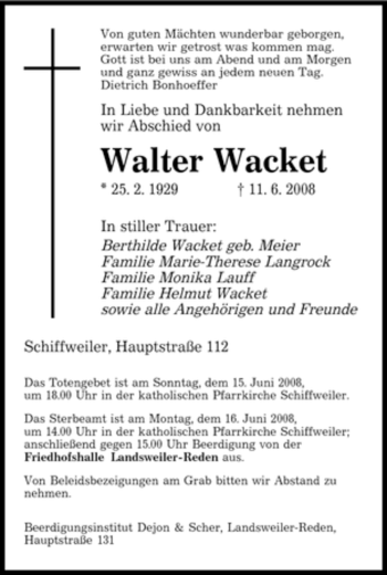 Todesanzeige von Walter Wacket von SAARBRÜCKER ZEITUNG