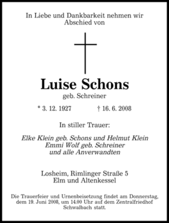 Todesanzeige von Luise Schons von SAARBRÜCKER ZEITUNG