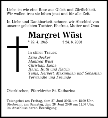 Todesanzeige von Margret Wüst von SAARBRÜCKER ZEITUNG