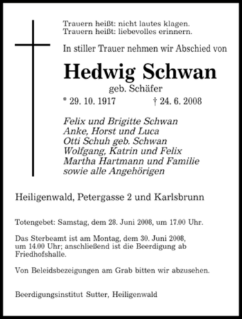 Todesanzeige von Hedwig Schwan von SAARBRÜCKER ZEITUNG