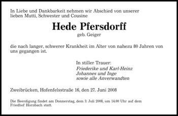 Todesanzeige von Hede Pfersdorff von SAARBRÜCKER ZEITUNG
