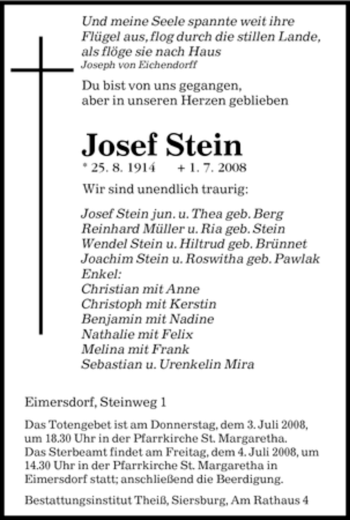 Todesanzeige von Josef Stein von SAARBRÜCKER ZEITUNG