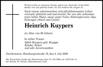 Todesanzeige von Heinrich Kuypers von SAARBRÜCKER ZEITUNG