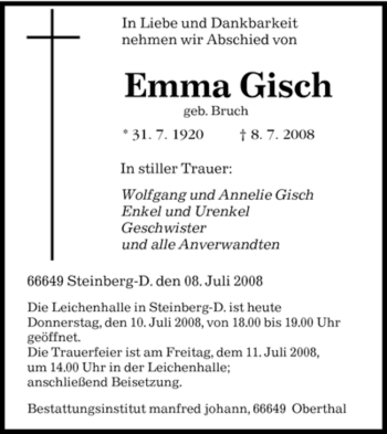 Todesanzeige von Emma Gisch von SAARBRÜCKER ZEITUNG