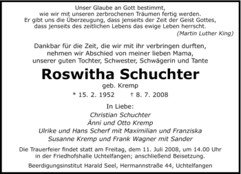 Todesanzeige von Roswitha Schuchter von SAARBRÜCKER ZEITUNG