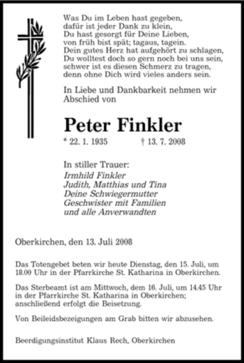 Todesanzeige von Peter Finkler von SAARBRÜCKER ZEITUNG