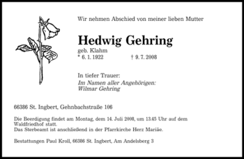 Todesanzeige von Gehring Hedwig von SAARBRÜCKER ZEITUNG