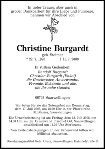 Todesanzeige von Christine Burgardt von SAARBRÜCKER ZEITUNG