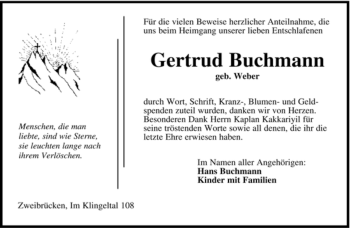 Todesanzeige von Gertrud Buchmann von SAARBRÜCKER ZEITUNG