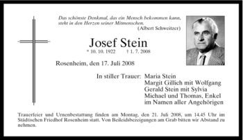 Todesanzeige von Josef Stein 