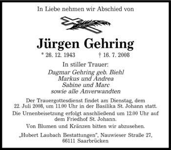 Todesanzeige von Jürgen Gehring von SAARBRÜCKER ZEITUNG