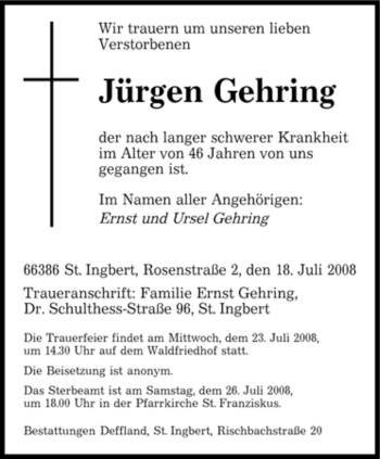 Todesanzeige von Jürgen Gehring von SAARBRÜCKER ZEITUNG