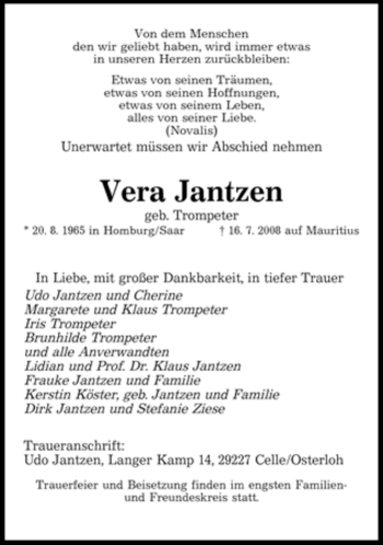 Todesanzeige von Vera Jantzen von SAARBRÜCKER ZEITUNG