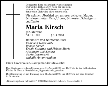 Todesanzeige von Maria Kirsch von SAARBRÜCKER ZEITUNG