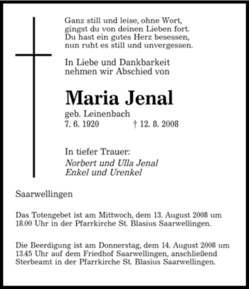 Todesanzeige von Maria Jenal von SAARBRÜCKER ZEITUNG