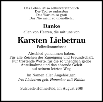 Todesanzeige von Karsten Liebetrau von SAARBRÜCKER ZEITUNG