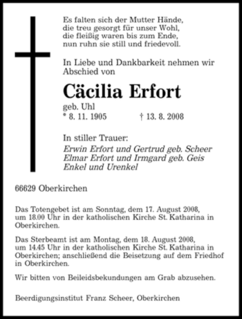 Todesanzeige von Cäcilia Erfort von SAARBRÜCKER ZEITUNG