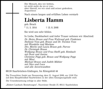 Todesanzeige von Lisberta Hamm von SAARBRÜCKER ZEITUNG