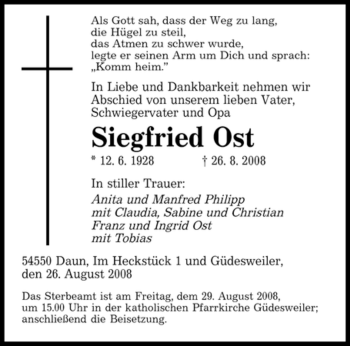 Todesanzeige von Siegfried Ost von SAARBRÜCKER ZEITUNG