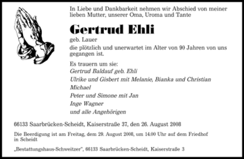 Todesanzeige von Gertrud Ehli von SAARBRÜCKER ZEITUNG