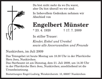 Todesanzeige von Engelbert Münster von SAARBRÜCKER ZEITUNG