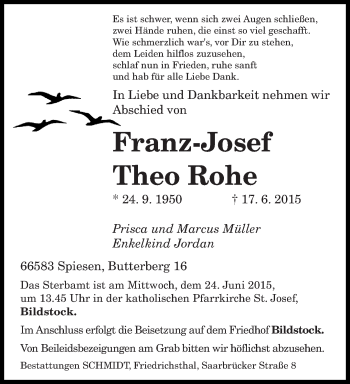 Todesanzeige von Franz-Josef Theo Rohe von saarbruecker_zeitung