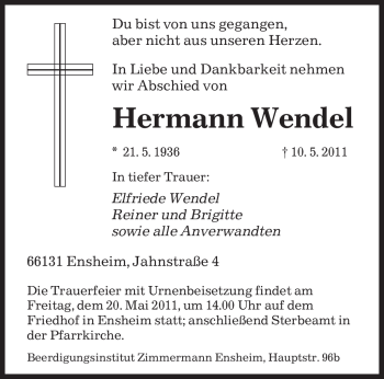 Todesanzeige von Hermann Wendel von SAARBRÜCKER ZEITUNG