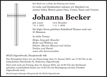 Todesanzeige von Johanna Becker von SAARBRÜCKER ZEITUNG