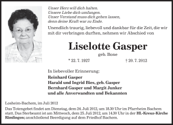 Todesanzeige von Liselotte Gasper von SAARBRÜCKER ZEITUNG