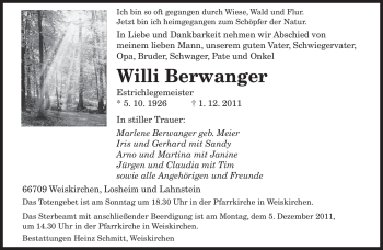 Todesanzeige von Willi Berwanger von SAARBRÜCKER ZEITUNG