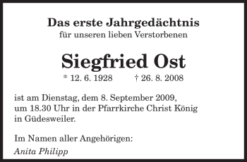 Todesanzeige von Siegfried Ost von SAARBRÜCKER ZEITUNG