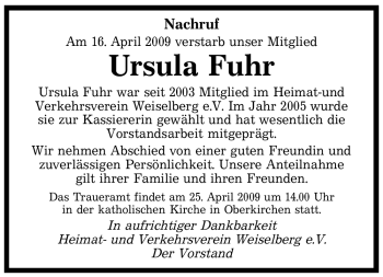 Todesanzeige von Ursula Fuhr von SAARBRÜCKER ZEITUNG