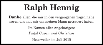 Todesanzeige von Ralph Hennig von saarbruecker_zeitung