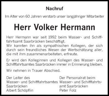 Todesanzeige von Volker Hermann von saarbruecker_zeitung
