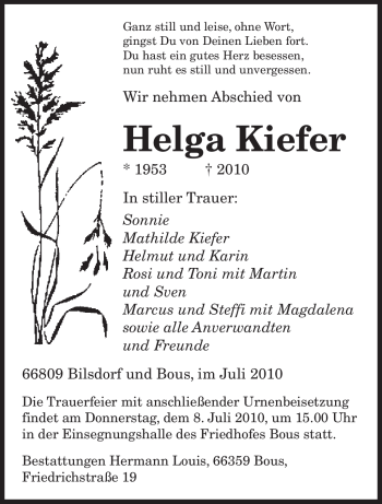 Todesanzeige von Helga Kiefer von SAARBRÜCKER ZEITUNG
