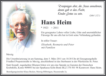 Todesanzeige von Hans Heim von SAARBRÜCKER ZEITUNG