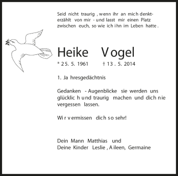 Todesanzeige von Heike Vogel von Saarbrücker Zeitung