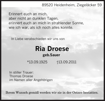 Todesanzeige von Ria Droese von SAARBRÜCKER ZEITUNG