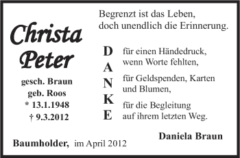 Todesanzeige von Christa Peter von SAARBRÜCKER ZEITUNG