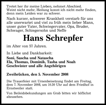 Todesanzeige von Hans Schrepfer von SAARBRÜCKER ZEITUNG