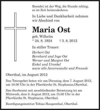 Todesanzeige von Maria Ost von SAARBRÜCKER ZEITUNG