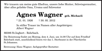 Todesanzeige von Agnes Wagner von SAARBRÜCKER ZEITUNG