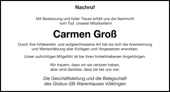 Todesanzeige von Carmen Groß von saarbruecker_zeitung