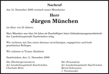 Todesanzeige von Jürgen München von SAARBRÜCKER ZEITUNG