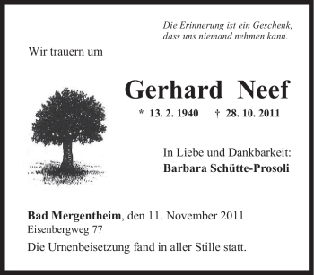 Todesanzeige von Gerhard Neef von SAARBRÜCKER ZEITUNG