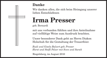 Todesanzeige von Irma Presser von SAARBRÜCKER ZEITUNG