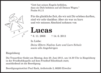 Todesanzeige von Lucas Unbekannt von SAARBRÜCKER ZEITUNG