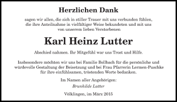 Todesanzeige von Karl Heinz Lutter von saarbruecker_zeitung